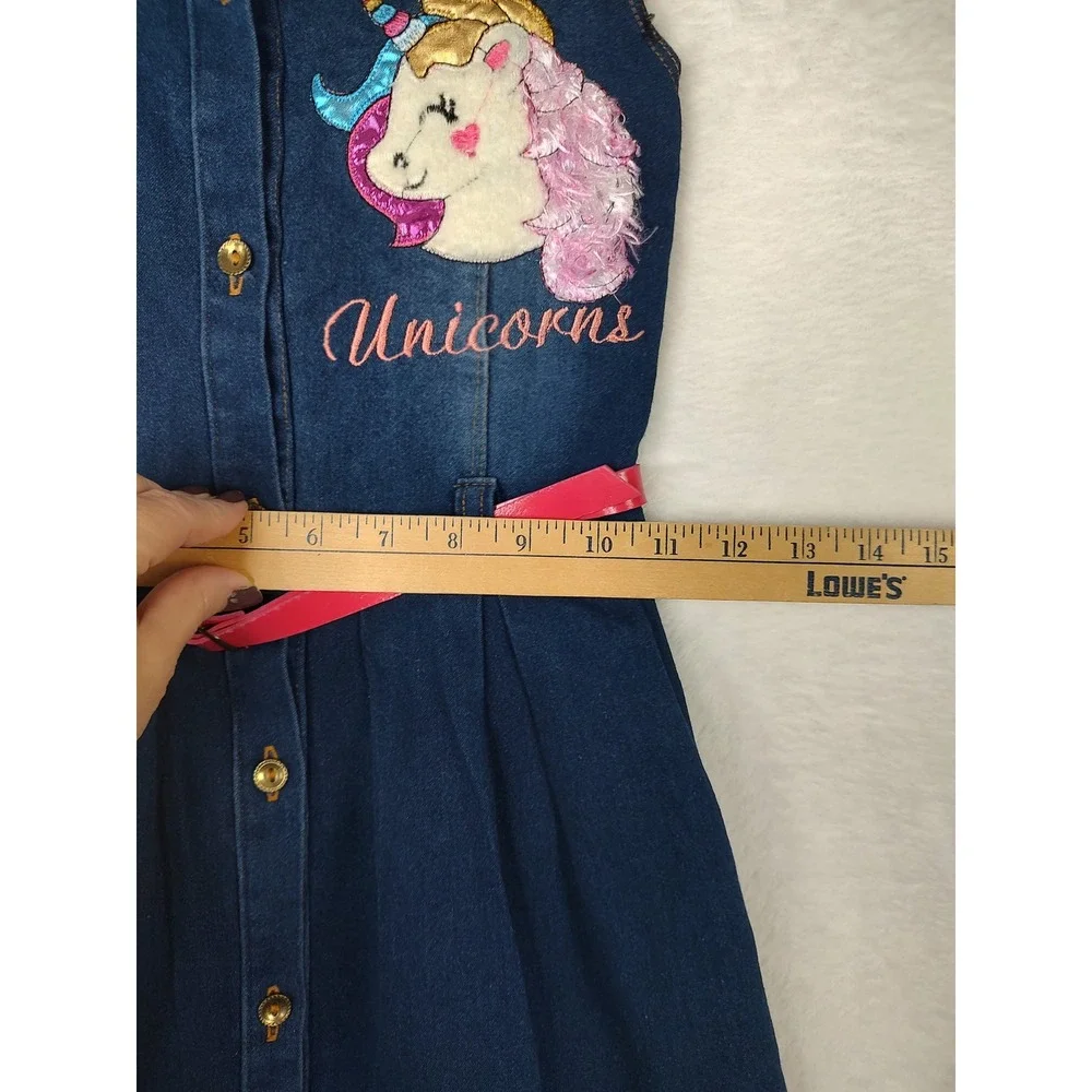 Girls‎ Blue Denim Sleeveless Unicorn Embroidered Belted Button Front Dress